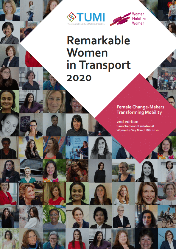 Cover of the 2020 edition of "Remarkable Women in Transport" with the faces of all women in little squares.